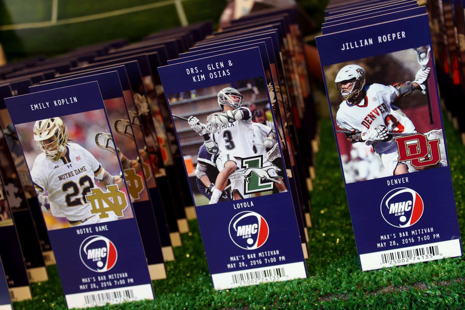 Lacrosse Ticket Place Cards with College Team Logos and Player Photos