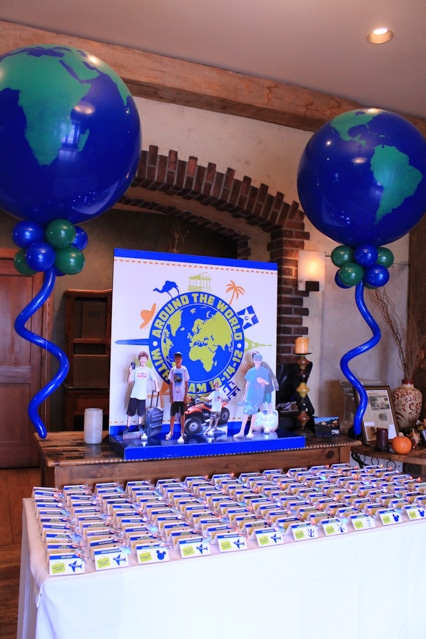 Travel Themed Seating Card Display with Custom Logo & Globe Balloons