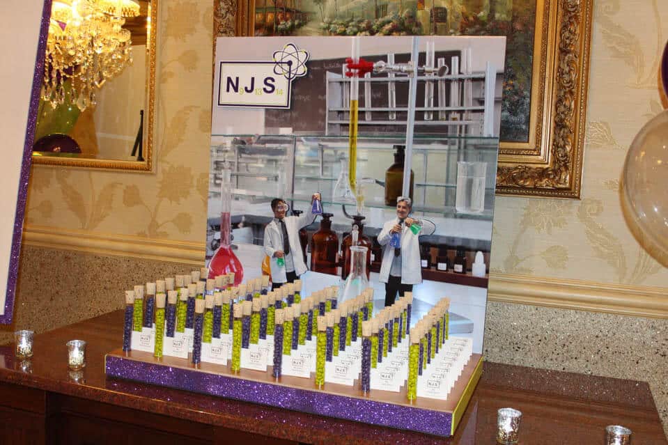 Science Themed Bar Mitzvah Seating Card Display with Lab Background and Photo Cutouts