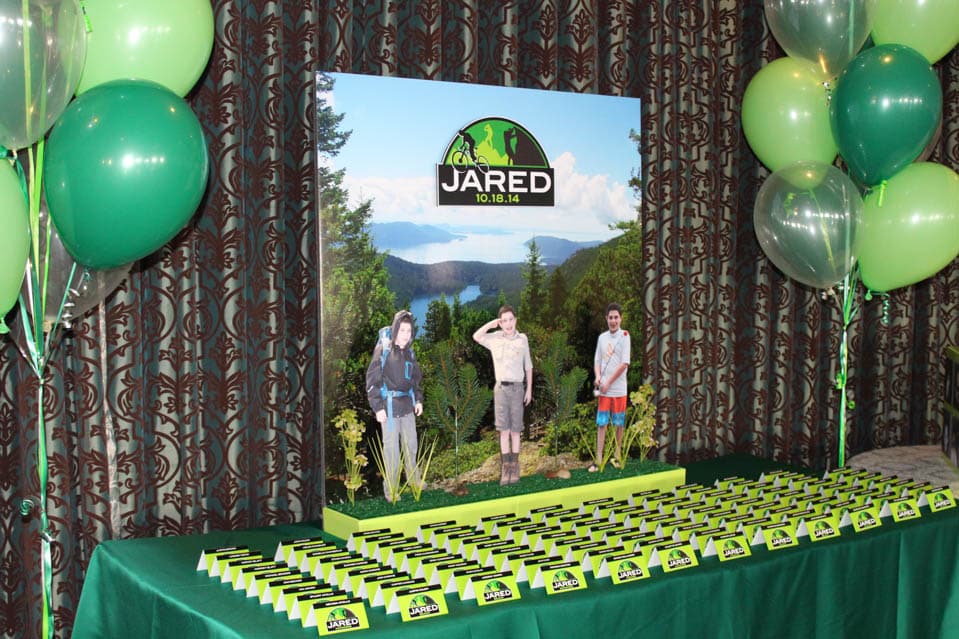 Everything Boy Themed Seating Card Display with Photo Cutouts and Logo
