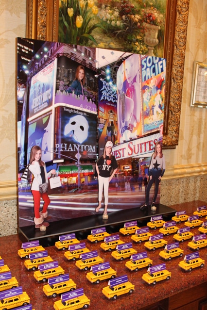 NYC Themed Seating Card Display with Custom Imaged Times Square Backdrop