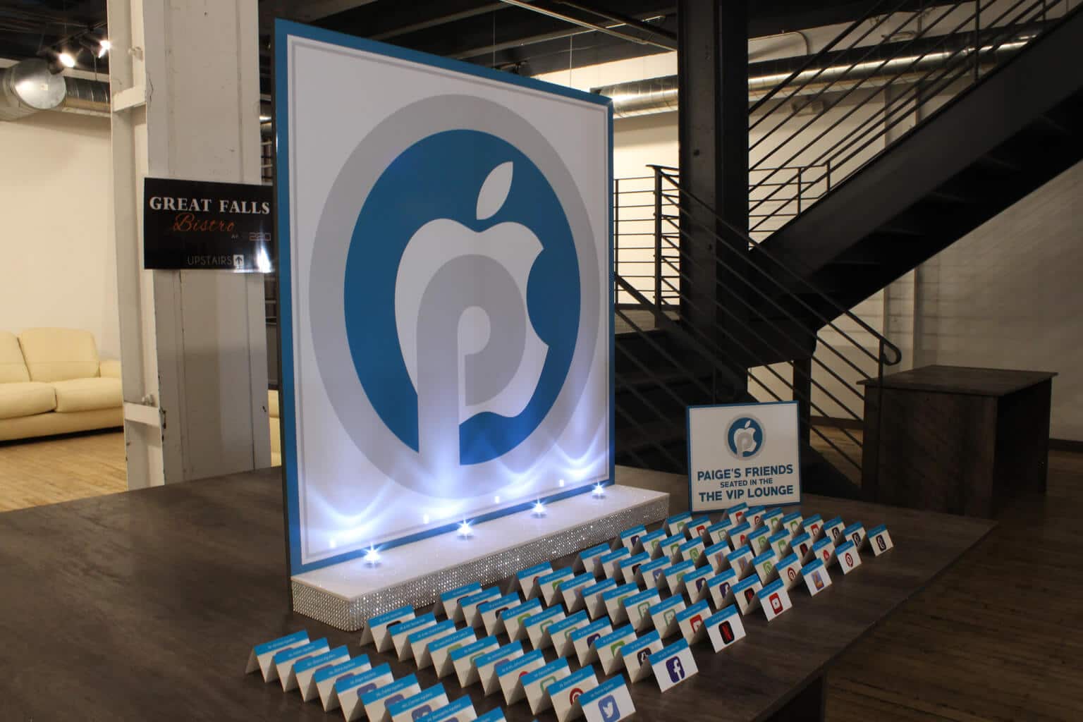 App Themed Seating Card Display with Custom Logo