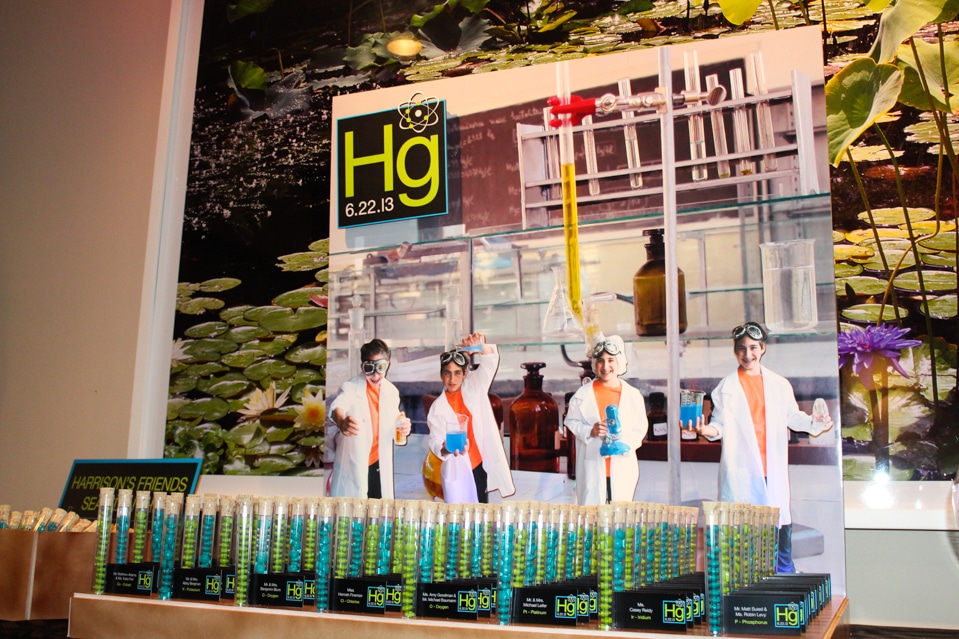 Science Lab Seating Card Display with M&M Test Tube Place Cards