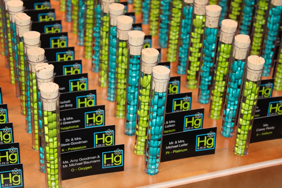 Test Tubes with M&Ms Place Cards for Science Themed Bar Mitzvah