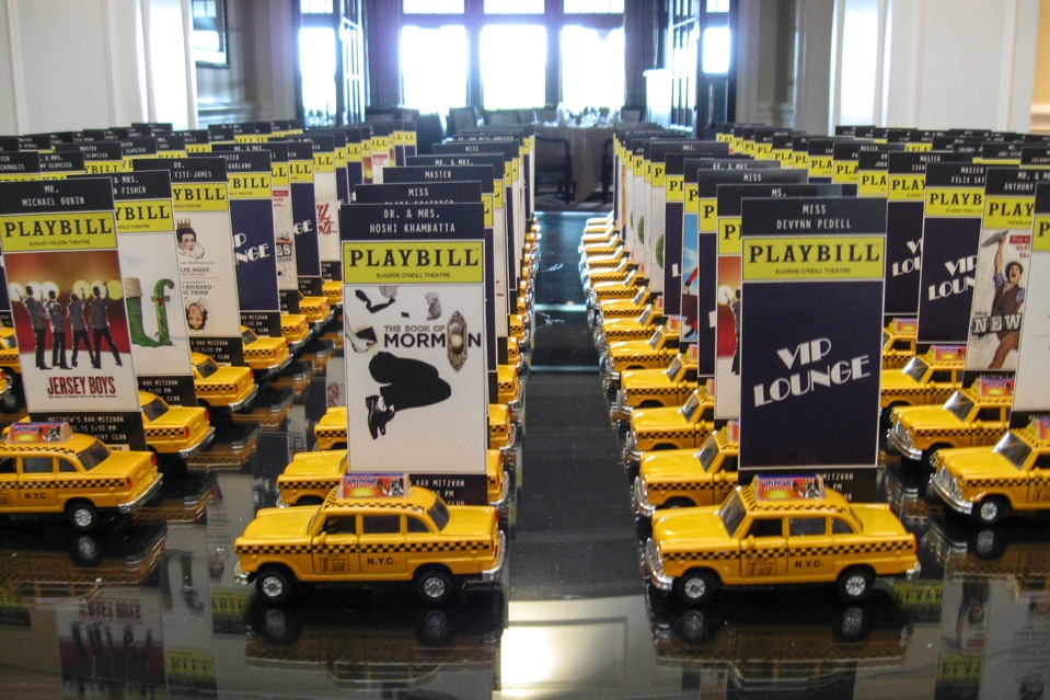 Broadway Ticket Place Cards with Playbills and Mini NYC Cabs