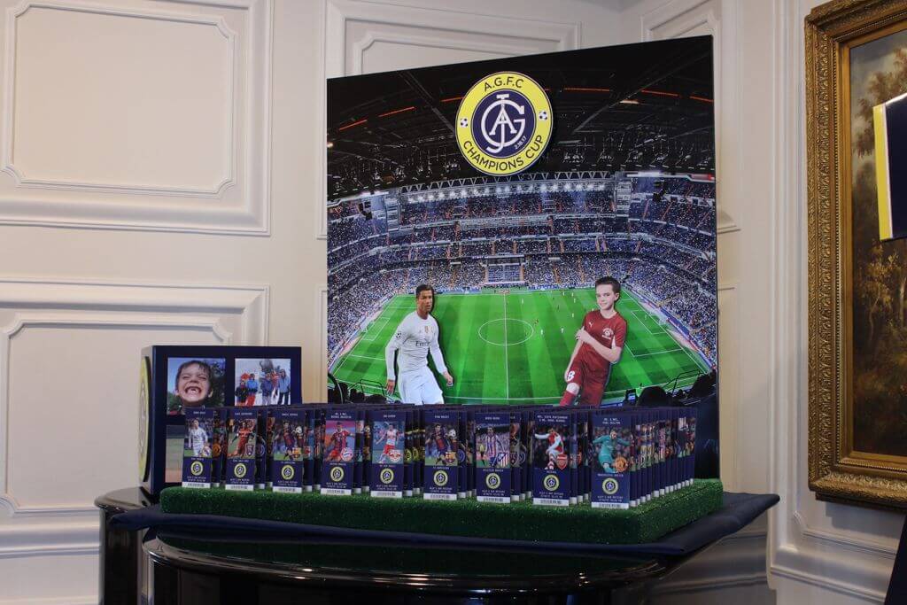 Soccer Themed Seating Card Display with Stadium Background and Logo