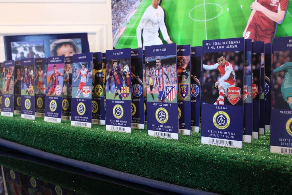Soccer Themed Seating Cards with Stadium Images and Team Logos