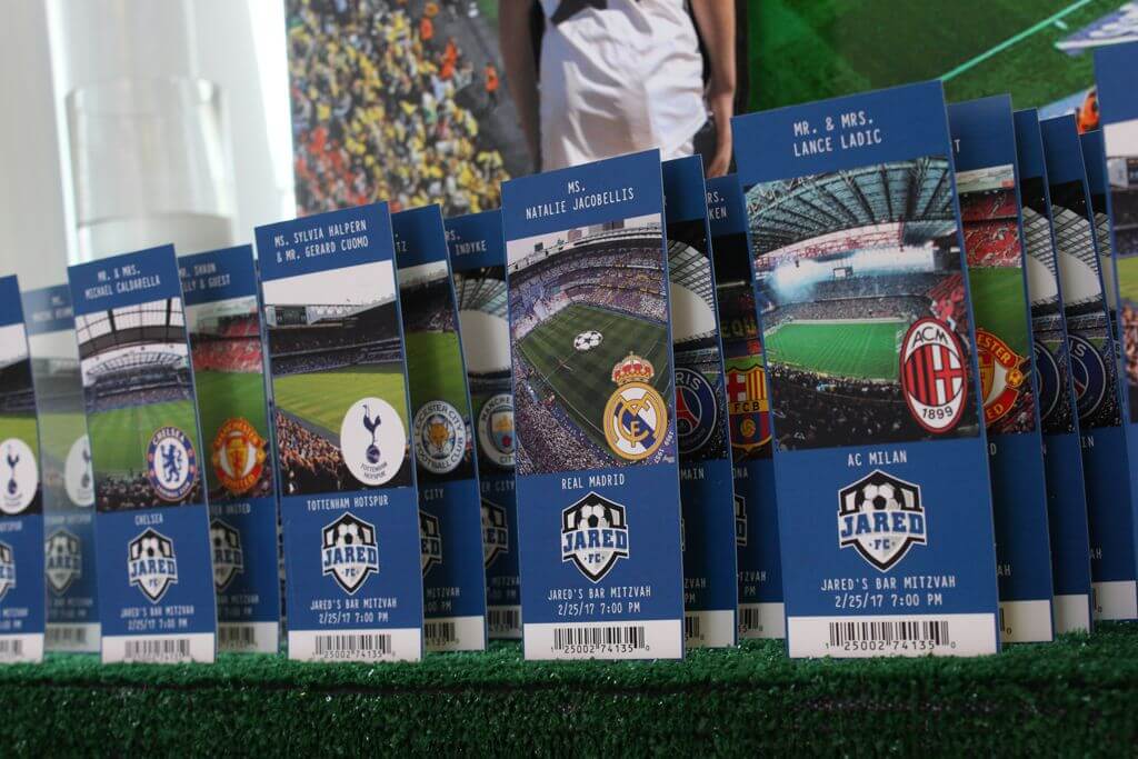 Soccer Themed Seating Cards with Stadium Images and Team Logos