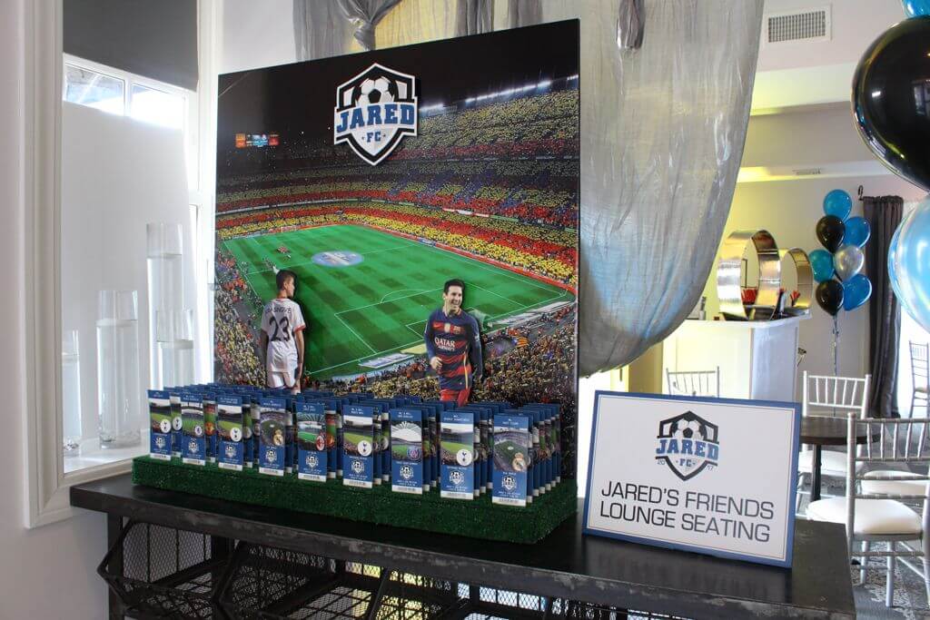Soccer Themed Seating Card Display with Stadium Background and Logo