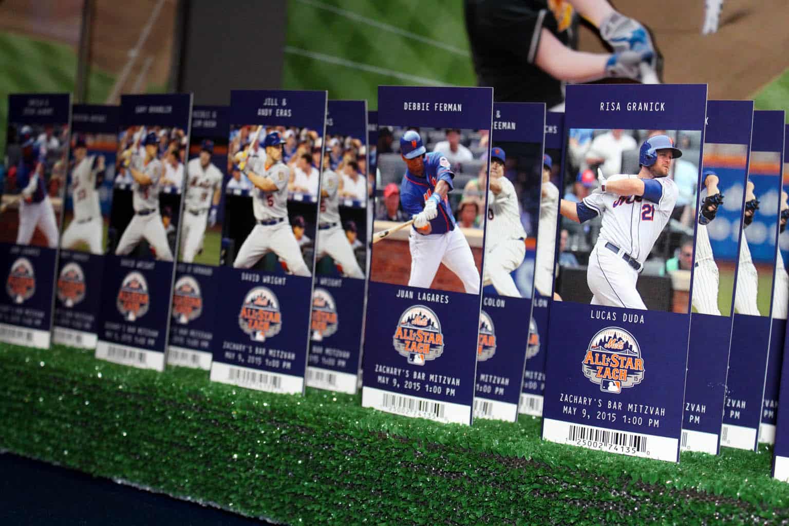 Mets Themed Sports Ticket Place Cards with Custom Logo and Player Photos