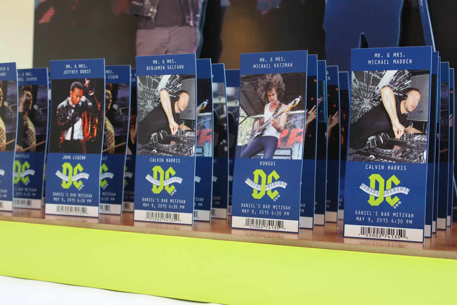 Music Themed Bar Mitzvah Ticket Place Cards with Artist Photos & Custom Logo