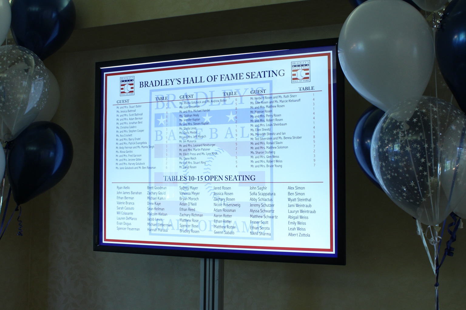 Baseball Themed Bar Mitzvah with LED Seating Card Board and Custom Logo