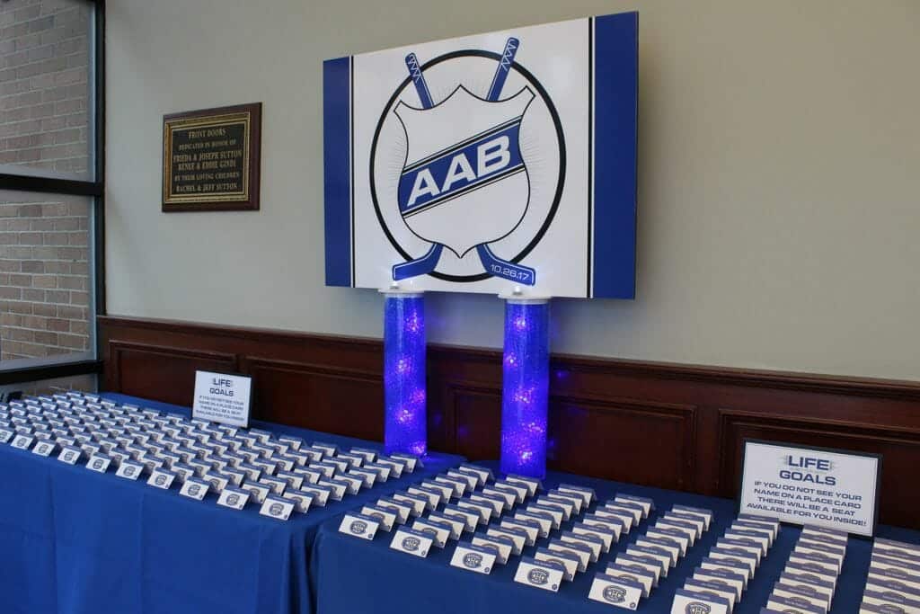 Hockey Themed Seating Card Display with LED Vases & Custom Logo