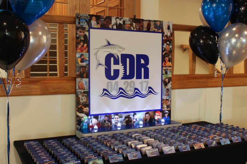 Shark Themed Seating Card Display with Custom Logo and Photo Border