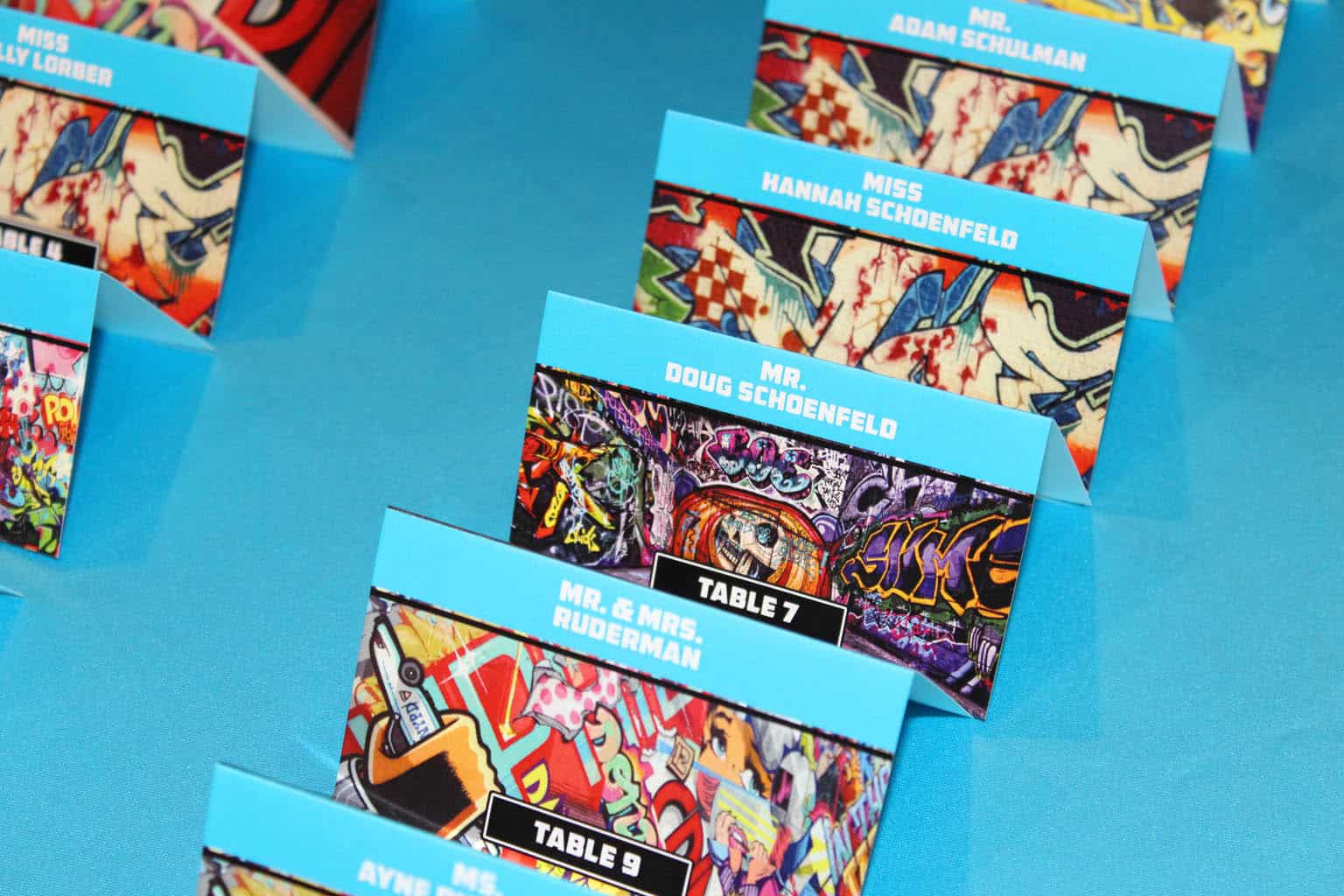 Custom Themed Bar Mitzvah Place Cards with Graffiti Images