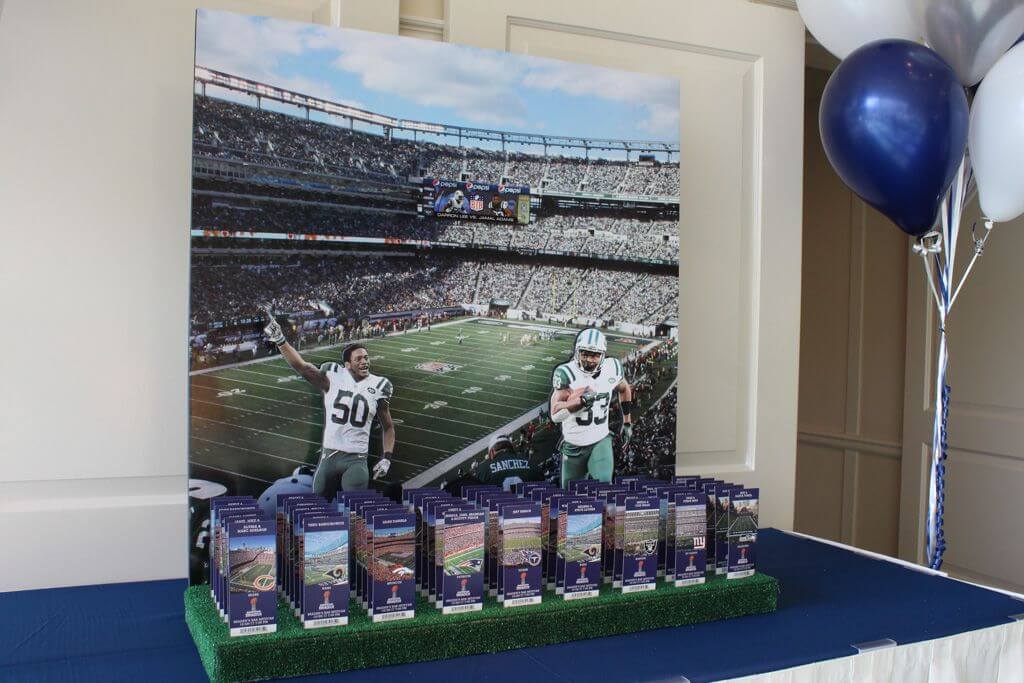 Jets Stadium Display with Cutout Players and Custom Tickets