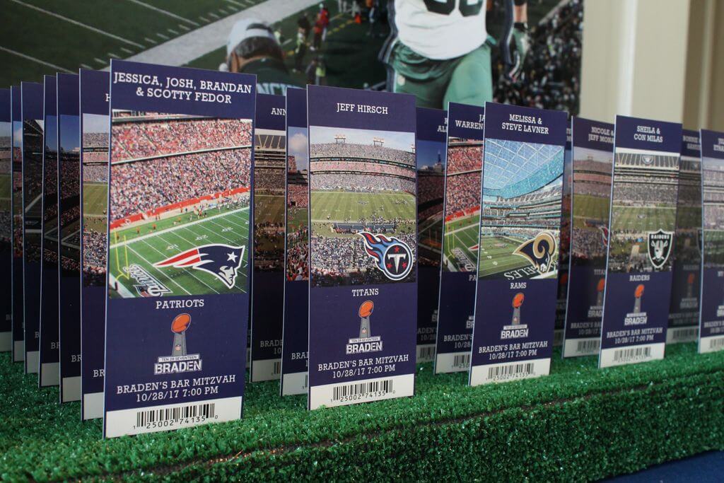 Football Ticket Place Cards with Team Logos and Stadium Photos