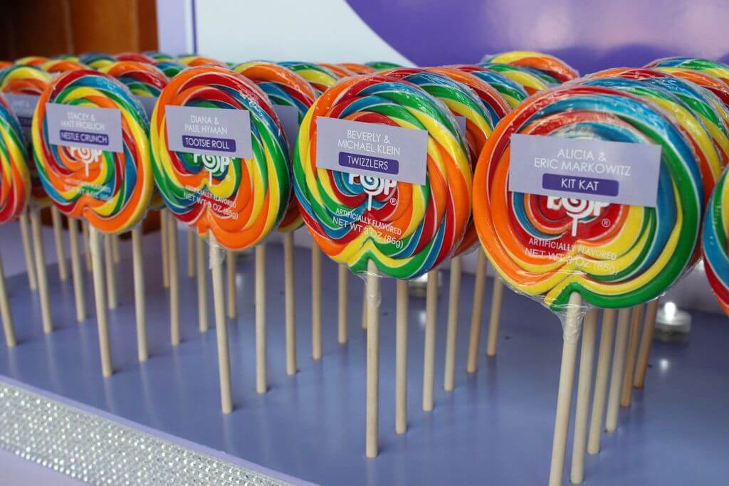 Custom Whirly Pop Place Cards for Candy Themed Bat Mitzvah