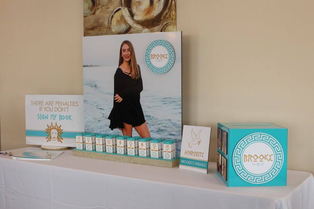 Blowup Photo Seating Card Display with Custom Logo for Greek Mythology Themed Bat Mitzvah