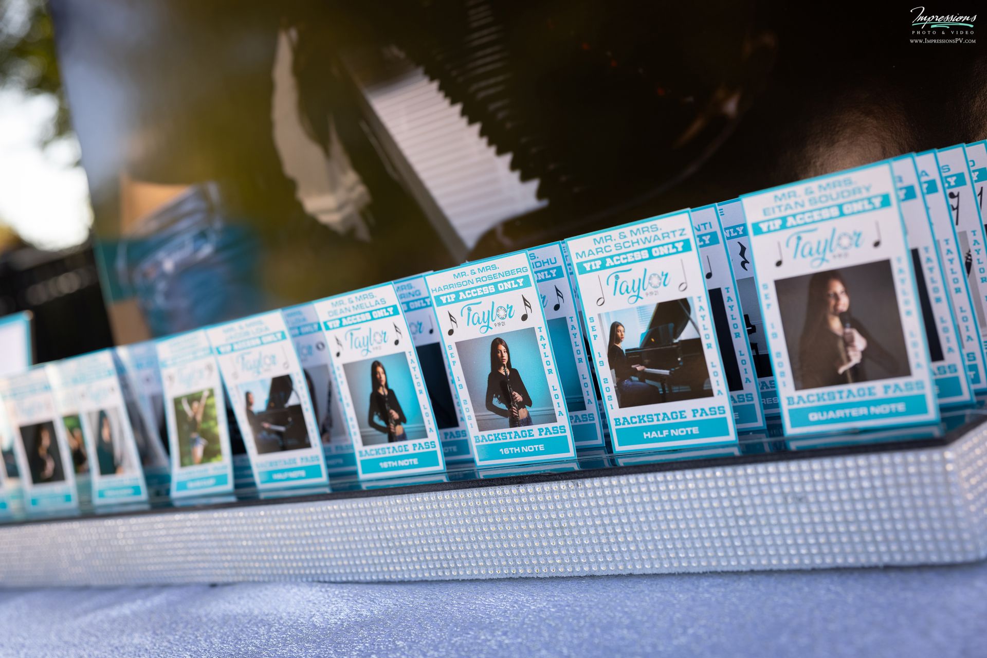 Custom Standing Music Theme Ticket Place Cards on Seating Card Display for Outdoor Bat Mitzvah Decor