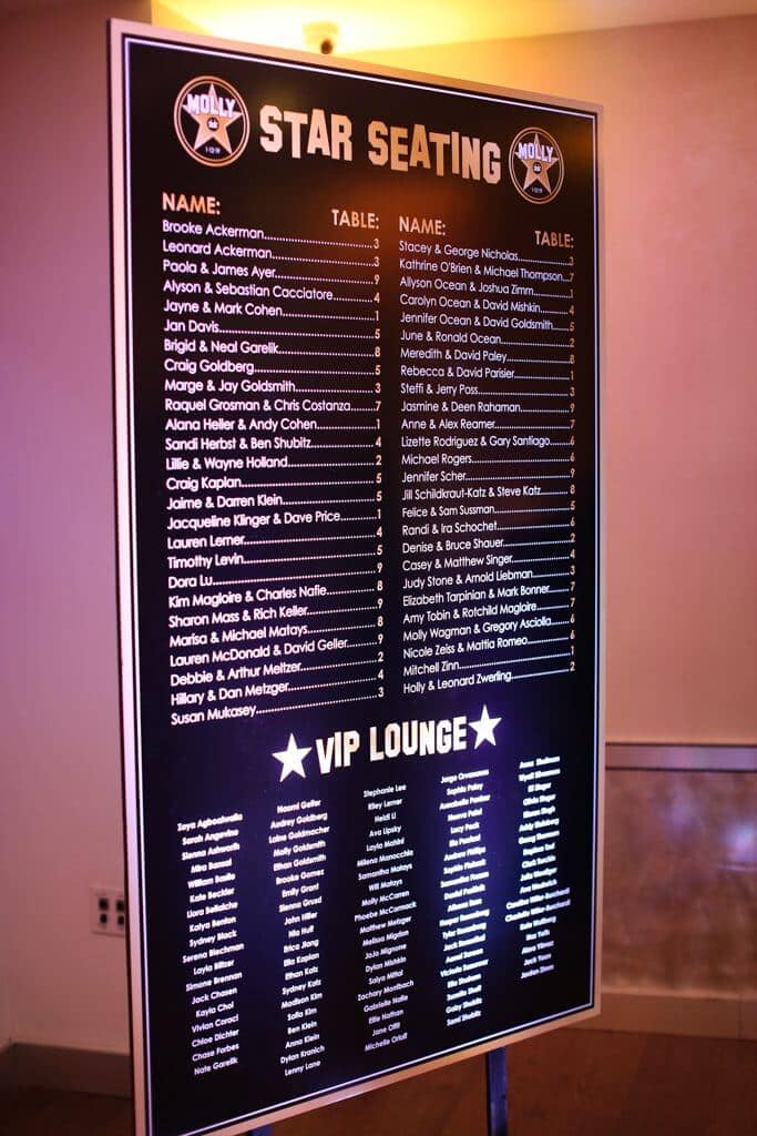 Giant Seating Chart Poster with LED Uplights for Hollywood Themed Bat Mitzvah