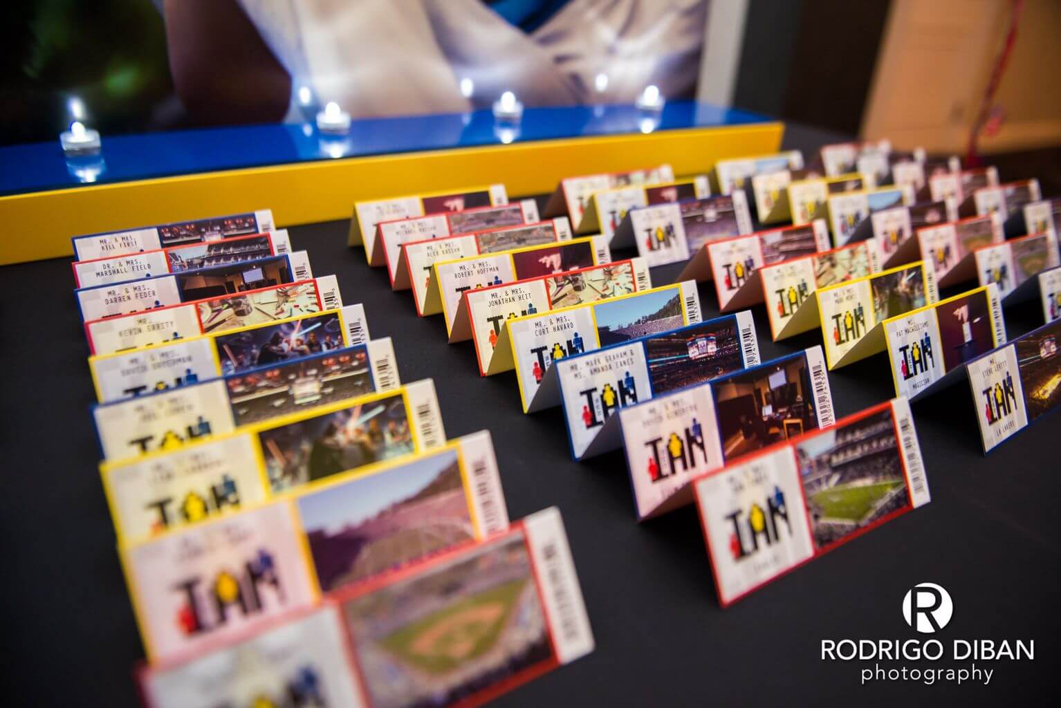 Lego Themed Ticket Place Cards with Custom Logo and Photos