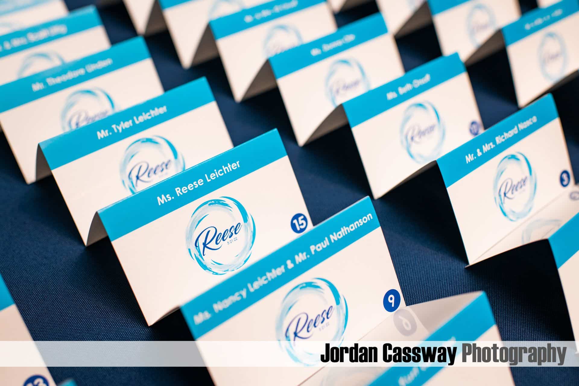Swim Themed Bat Mitzvah Place Cards with Custom Logo