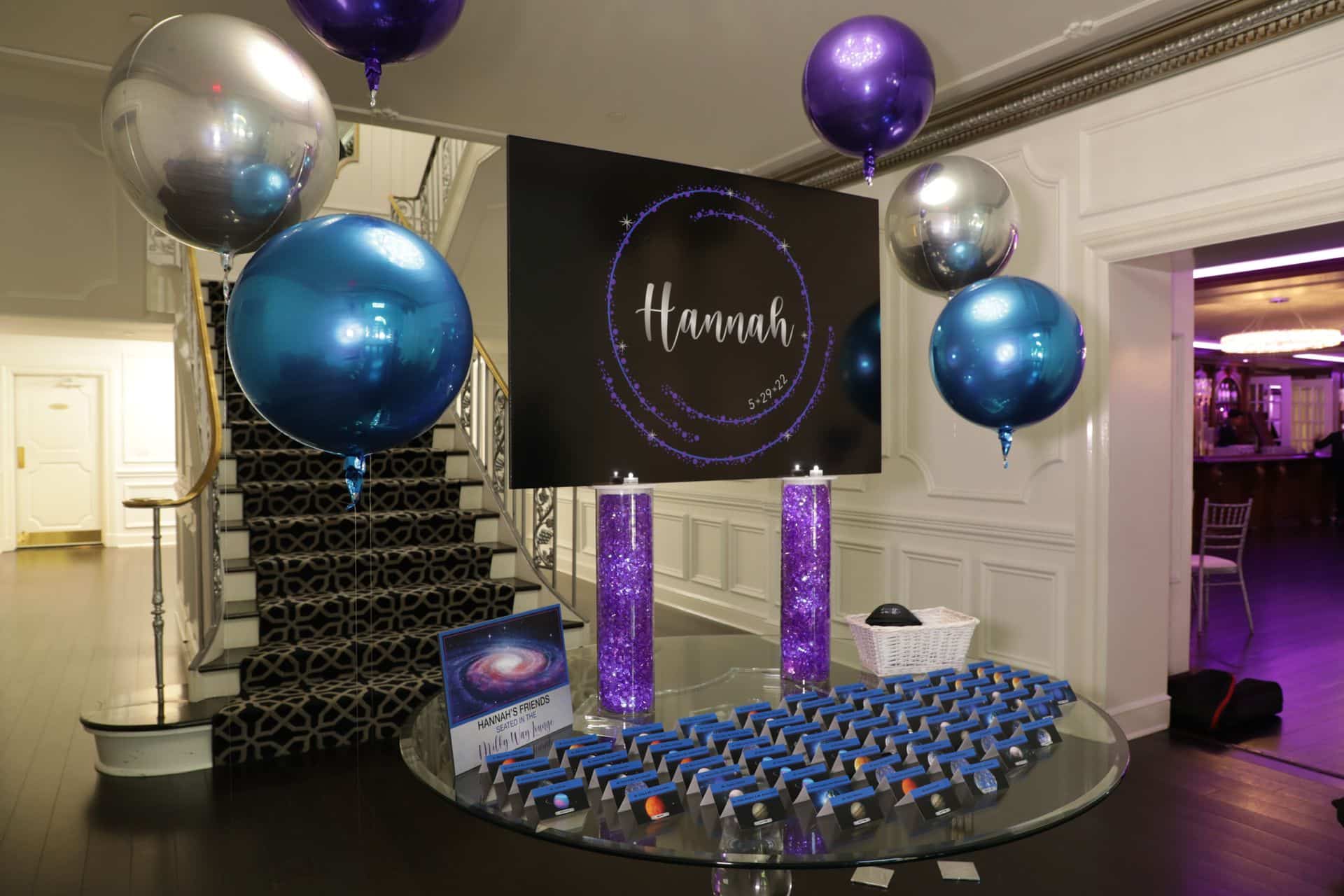 Galaxy Themed Seating Card Display with Metallic Orbz at Crystal Plaza