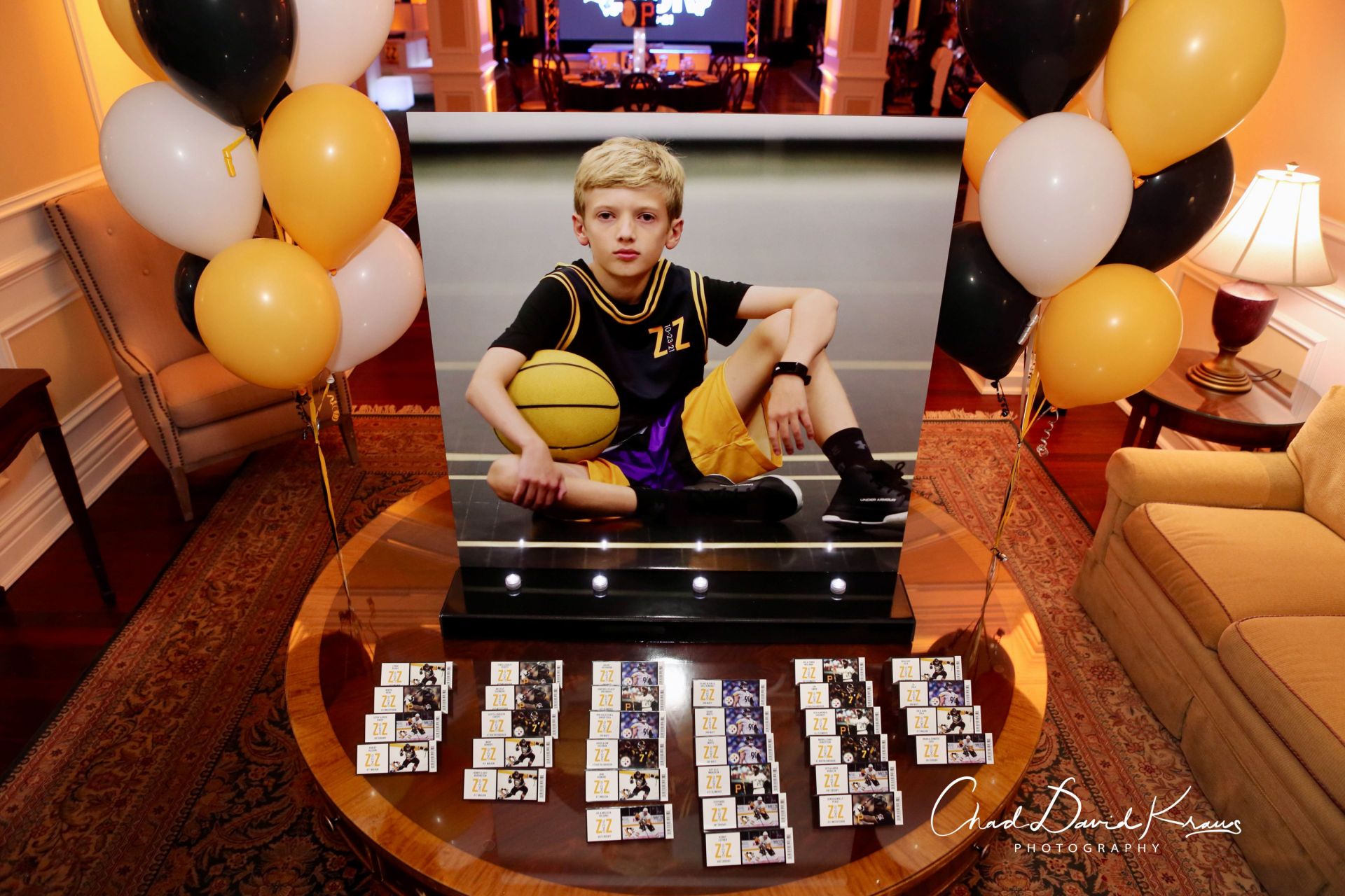 Custom Fold Over Sports Ticket Place Cards and Custom Seating Card Display with Balloon Trees for Bar Mitzvah