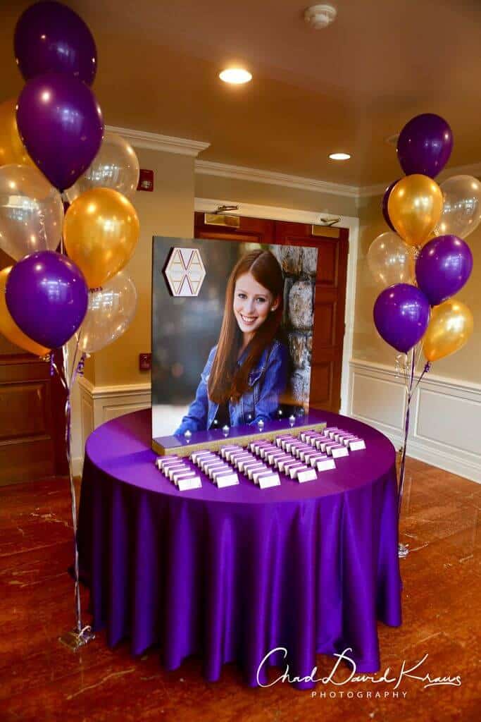 Bat Mitzvah Seating Card Display with Blowup Photo and Logo Place Cards