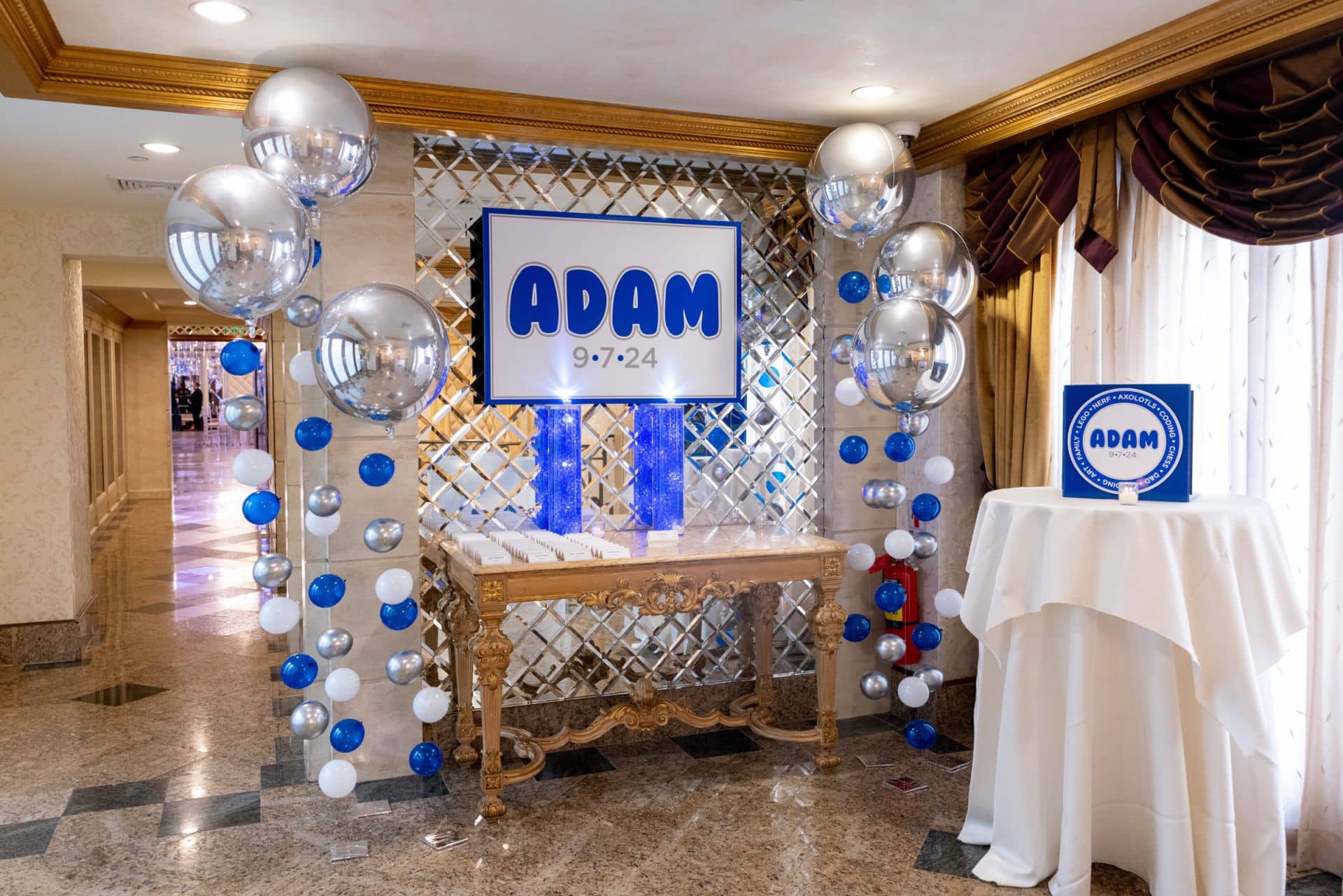 Blue and Silver Bar Mitzvah Entrance Decor at Seasons