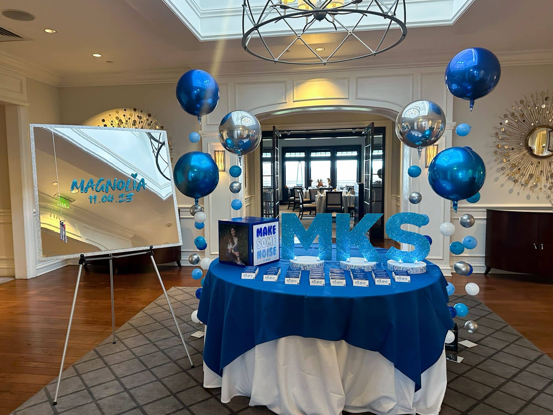 Bat Mitzvah Entrance Display with Glitter Initials, Custom Logo Place Cards, Mirror Sign in Board and Metallic Bubble Balloons at Tamarack Country Club