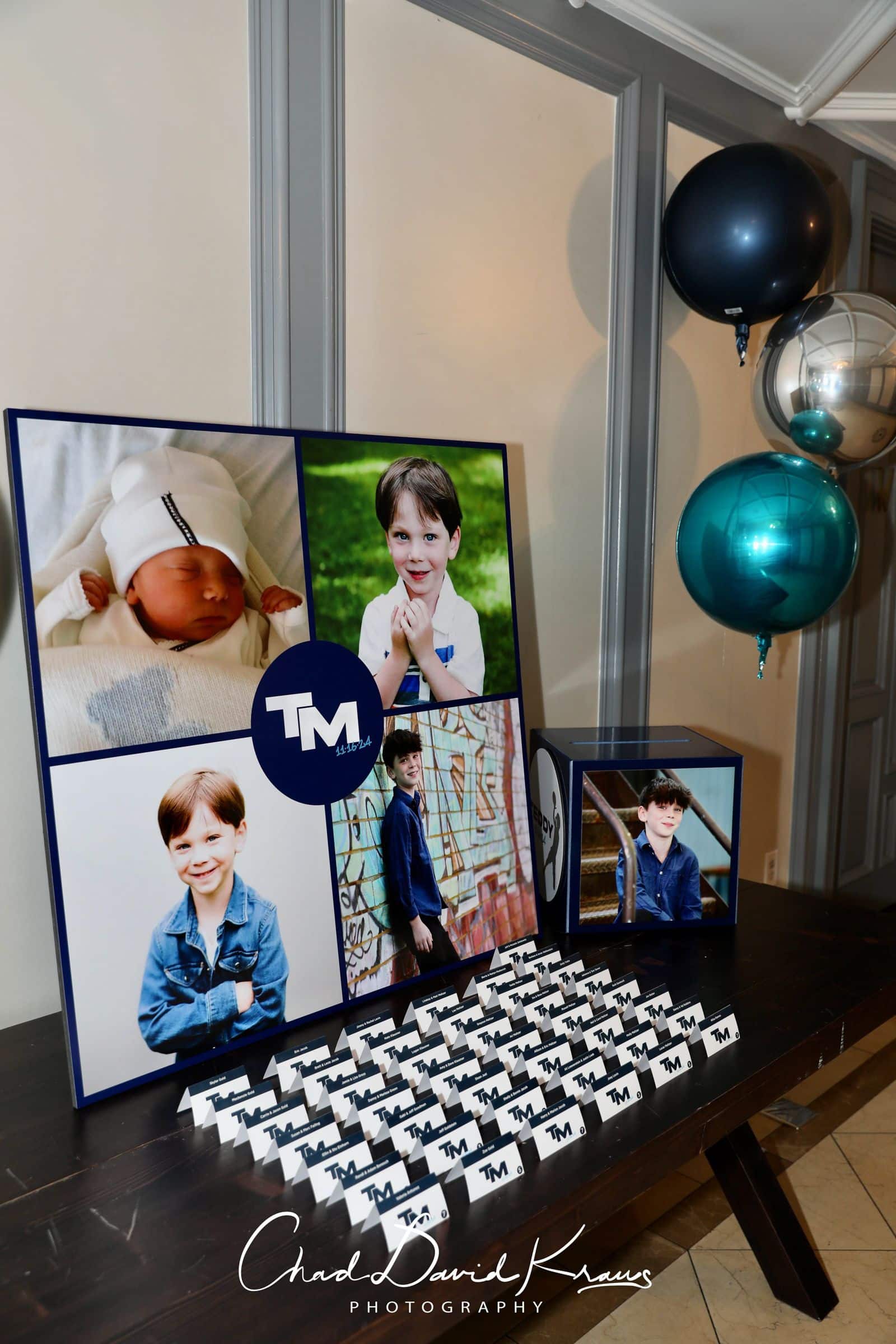 4 Blow Up Photos with Logo behind Custom Fold Over Place Cards