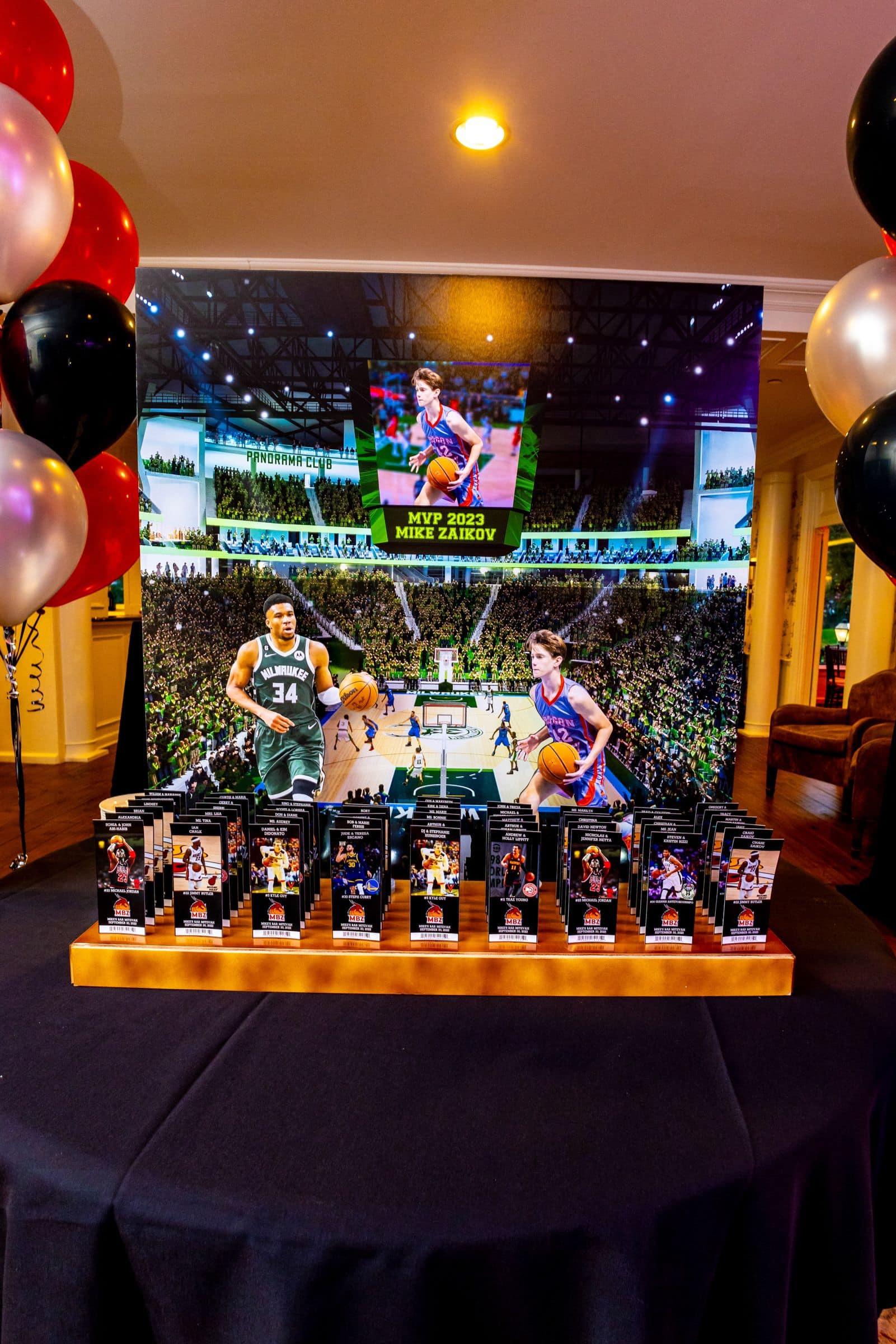 Custom Milwaukee Bucks Stadium Display with Sports Ticket Place Cards for Basketball Themed Bar Mitzvah