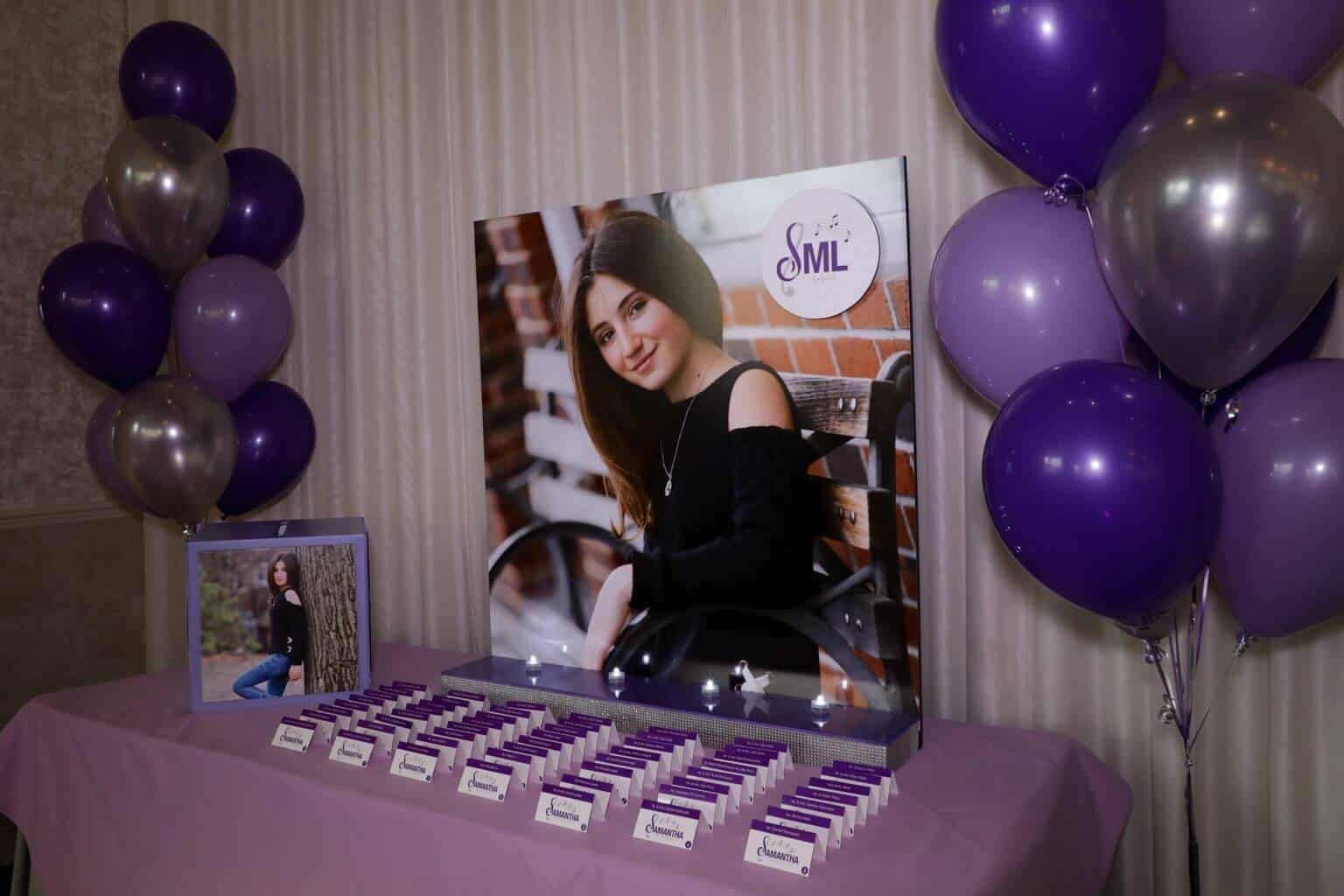 Bat Mitzvah Seating Card Display with Blowup Photo and Balloon Trees
