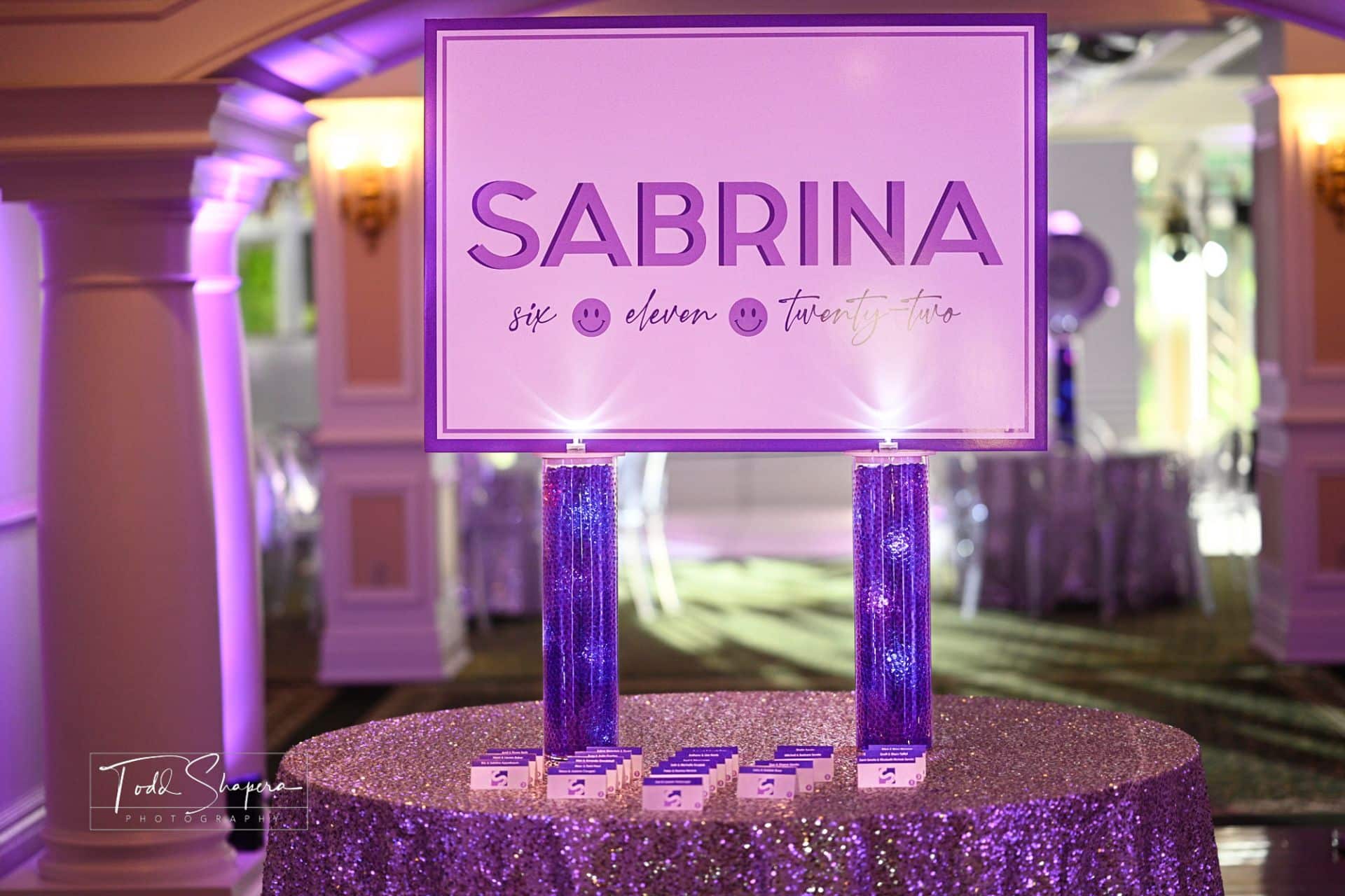 Bat Mitzvah Seating Card Display on LED Vases at Scarsdale Golf Club