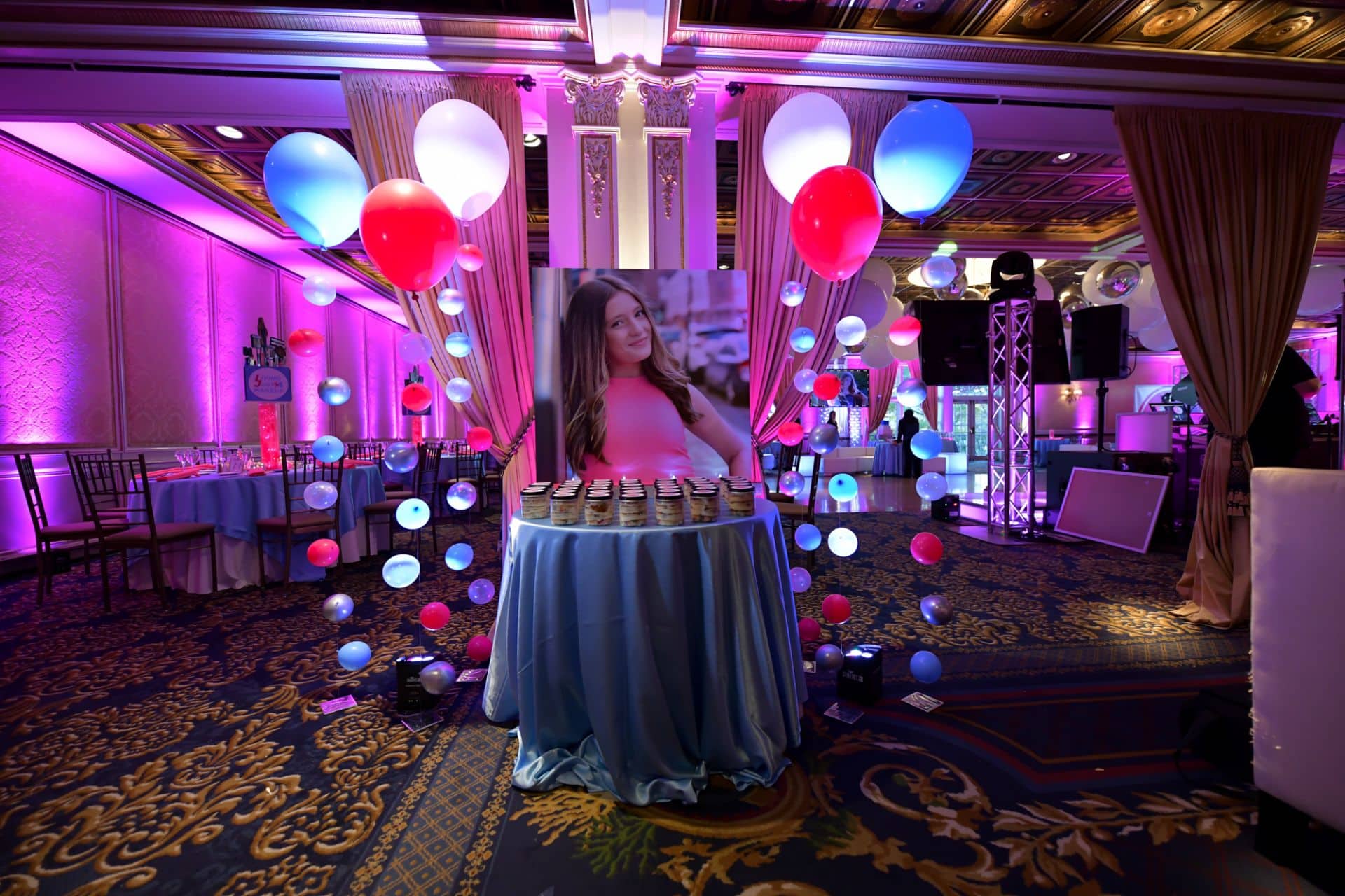 Bat Mitzvah Seating Card Display with Blowup Photo and LED Bubble Balloons