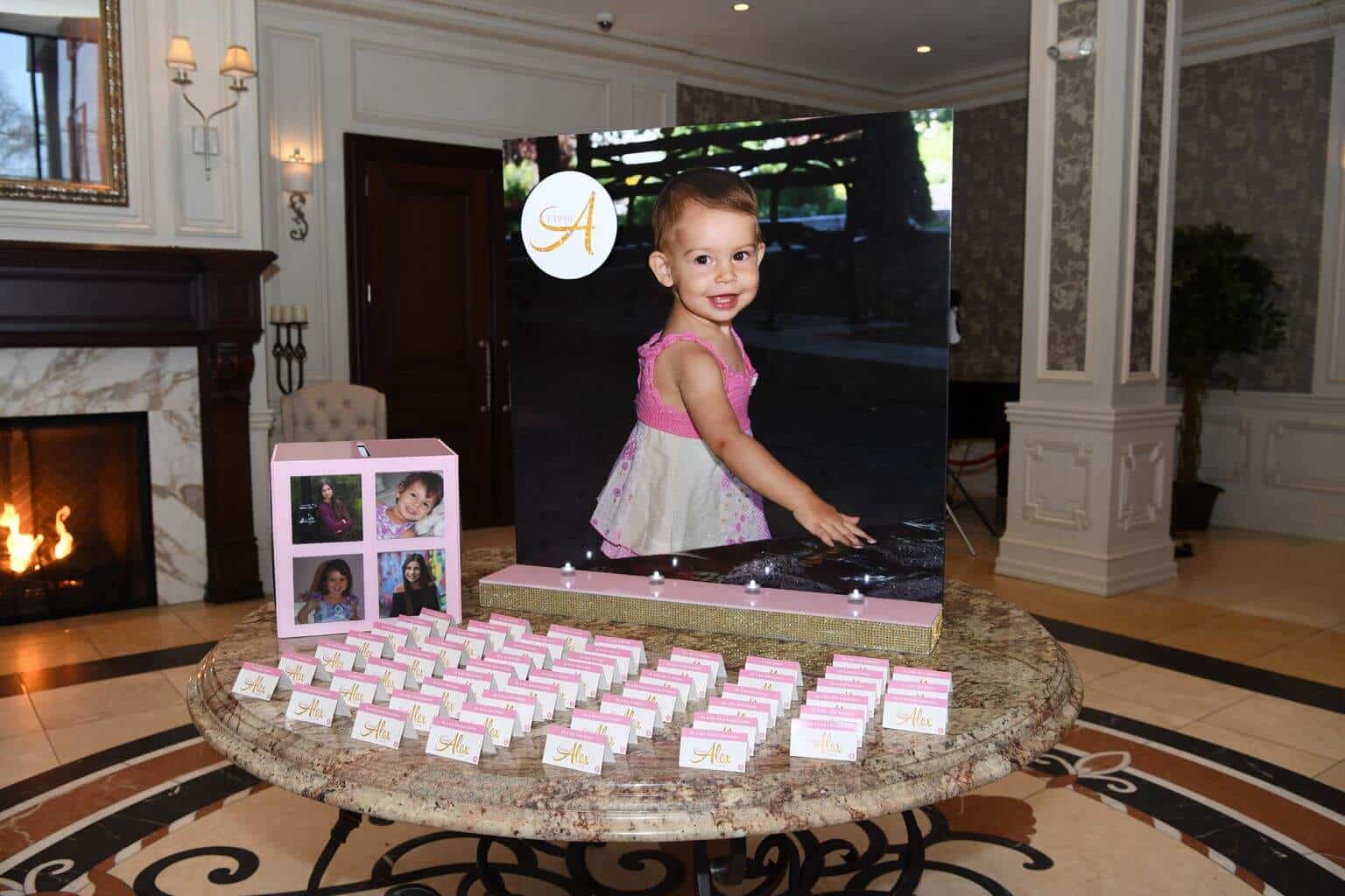 Bat Mitzvah Seating Card Display with Blowup Baby Photo and Logo