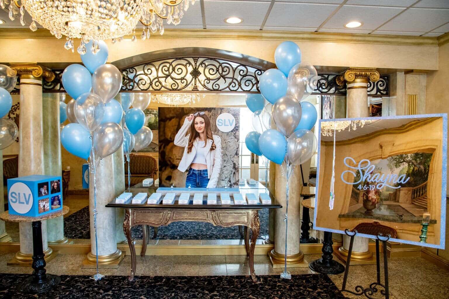 Bat Mitzvah Seating Card Display with Blowup Photo and Balloon Trees