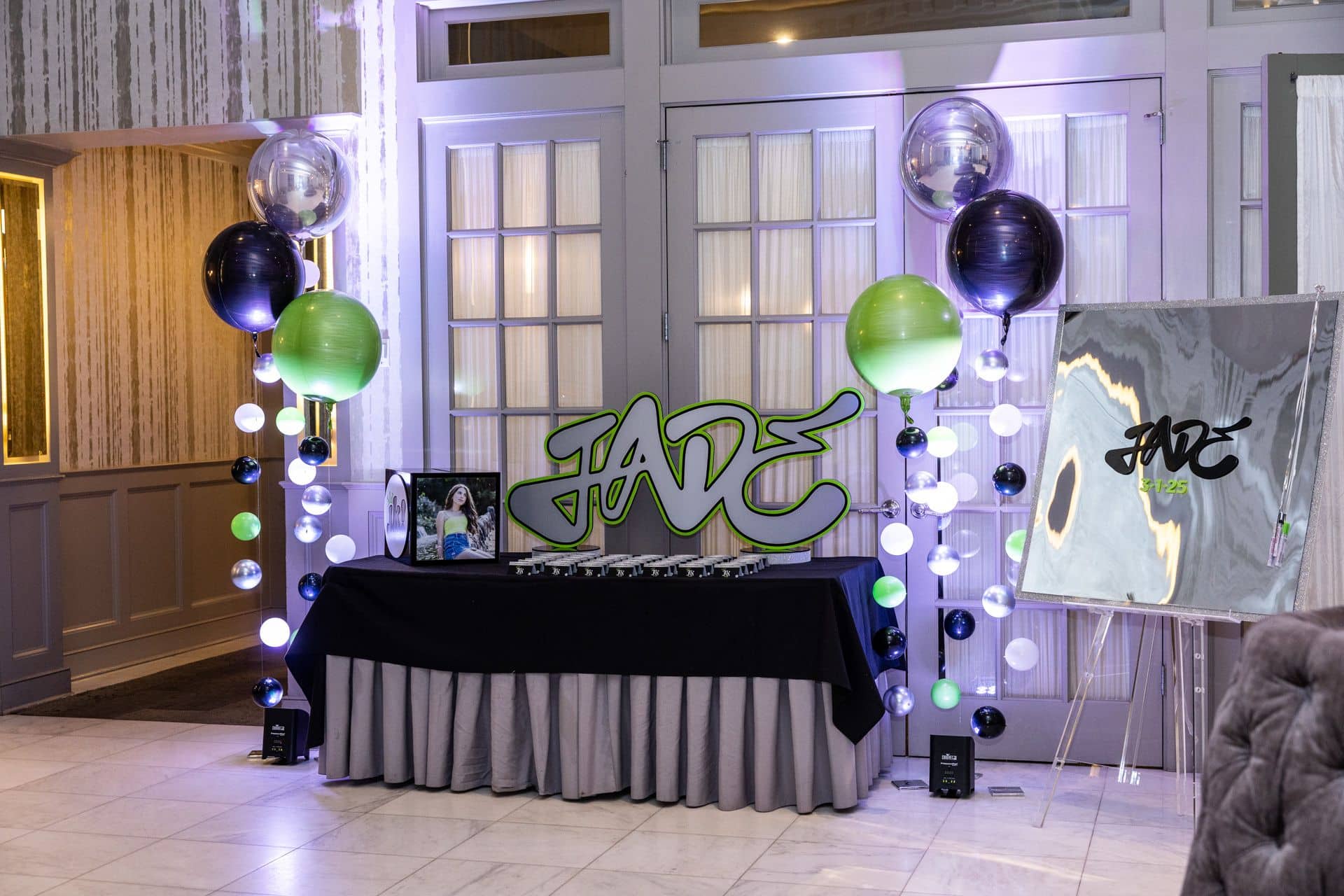 Seating Card Display with Bubble Balloons and Custom Name Cut Out for a Bat Mitzvah at Mulinos at Lake Isle