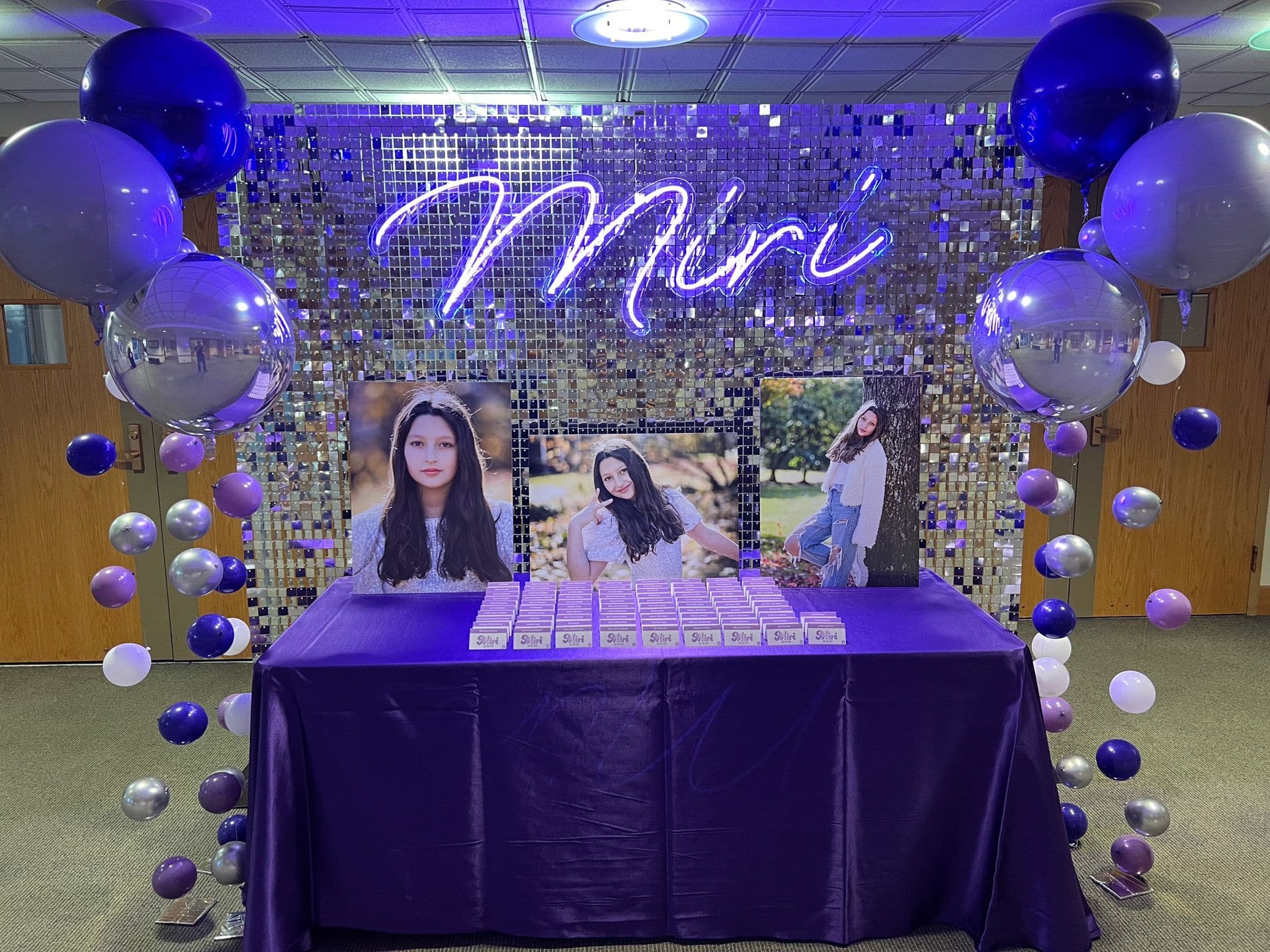 Silver Shimmer Wall with Neon Sign, Blow Up Photos and Custom Logo Place Cards at Temple Israel Center, White Plains