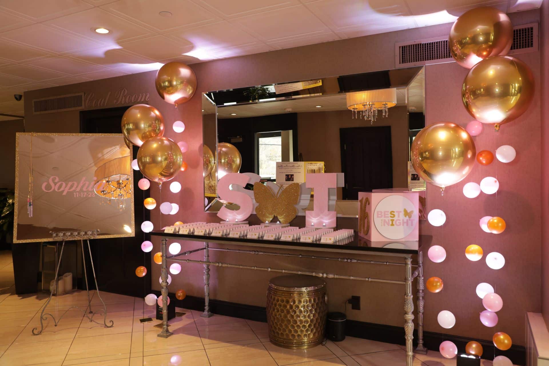 Sweet Sixteen Entrance Display with Glitter Initials and Butterfly Cutout and LED Bubble Balloons