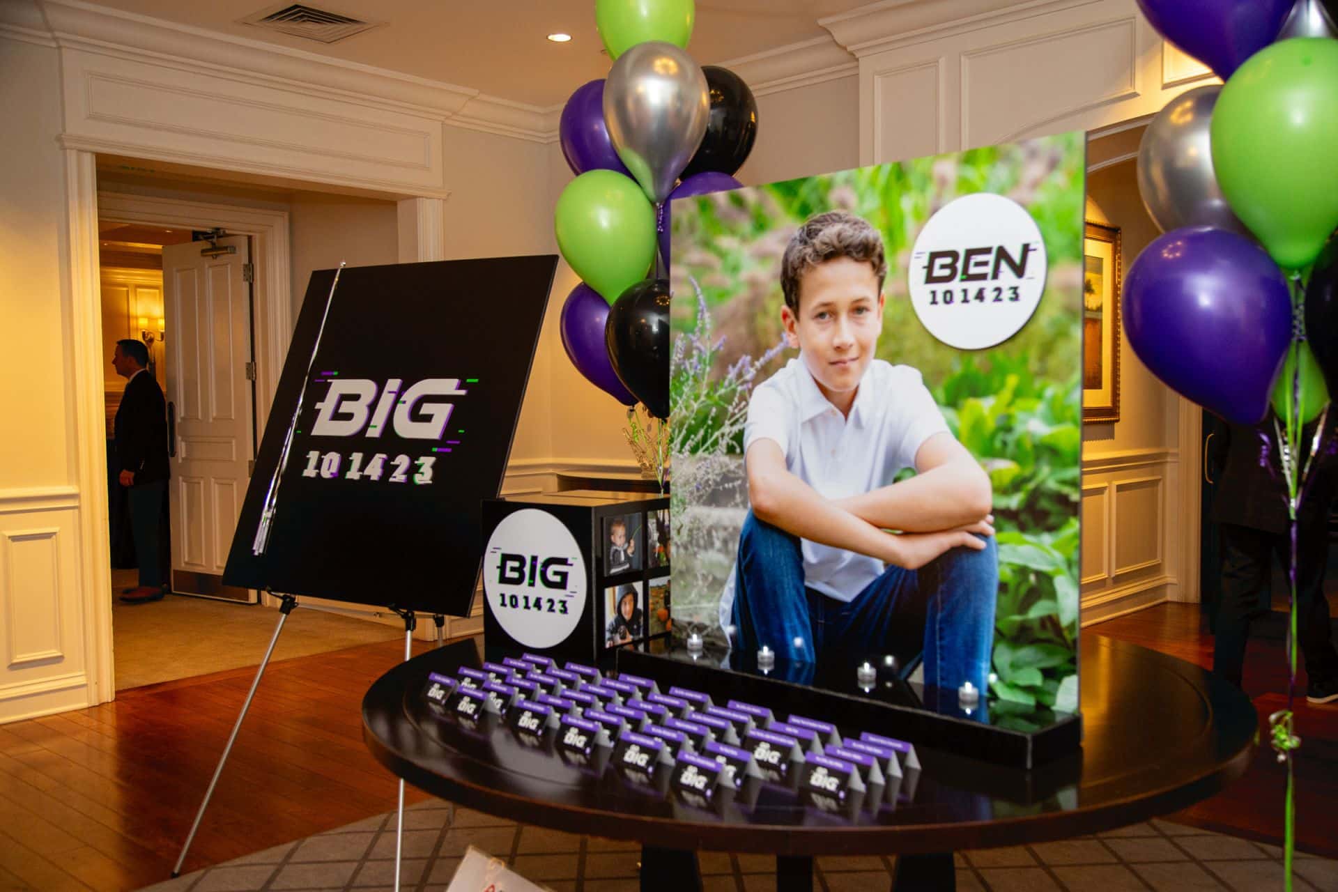 Bar Mitzvah Entrance Display with Blowup Photo, Custom Logo Place Cards and Logo Sign in Board at Tamarack Country Club