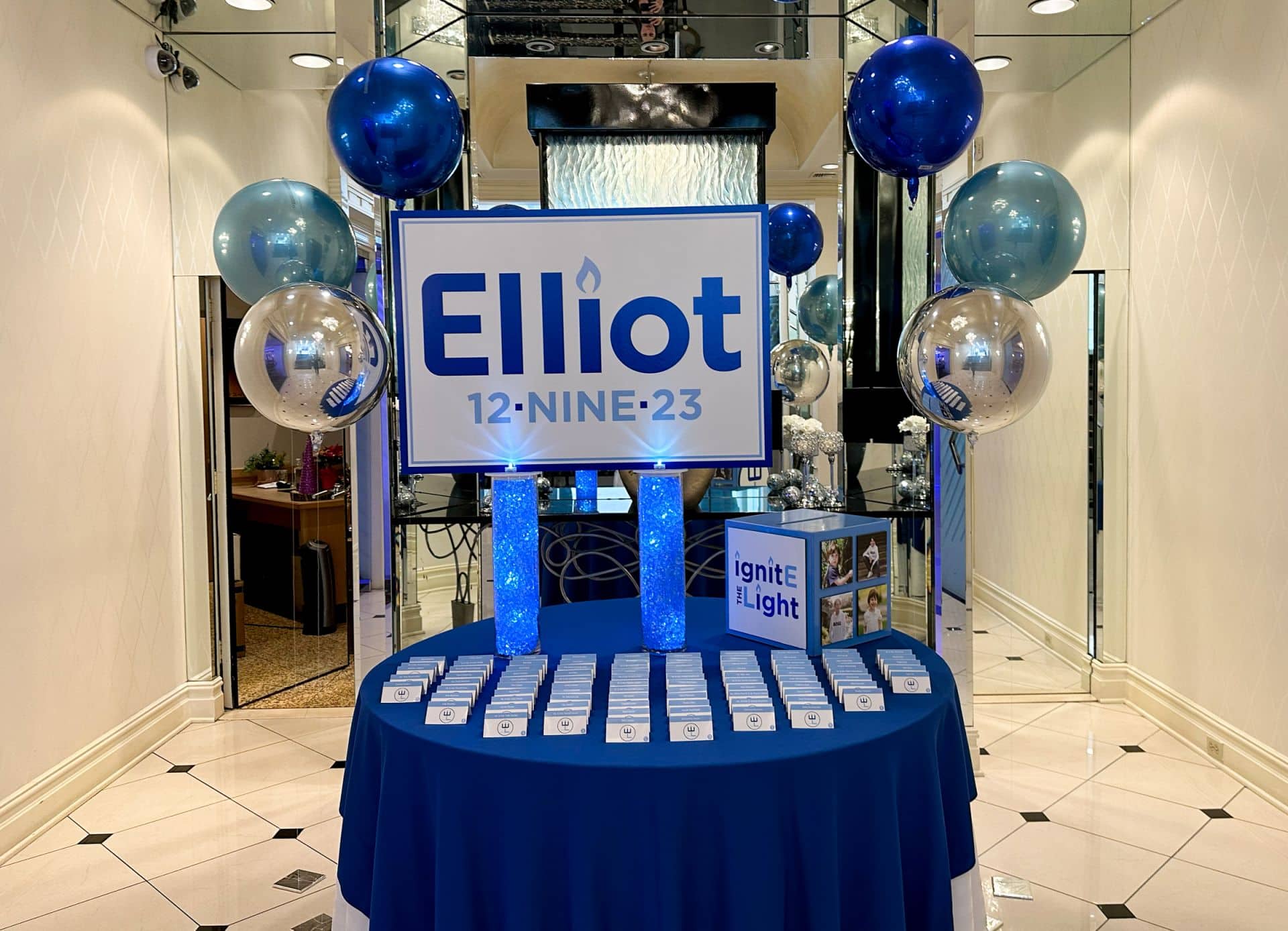 Chanukah Themed Bar Mitzvah Entrance Display with Custom Logo LED Sign and Metallic Orbz at Richfield Regency