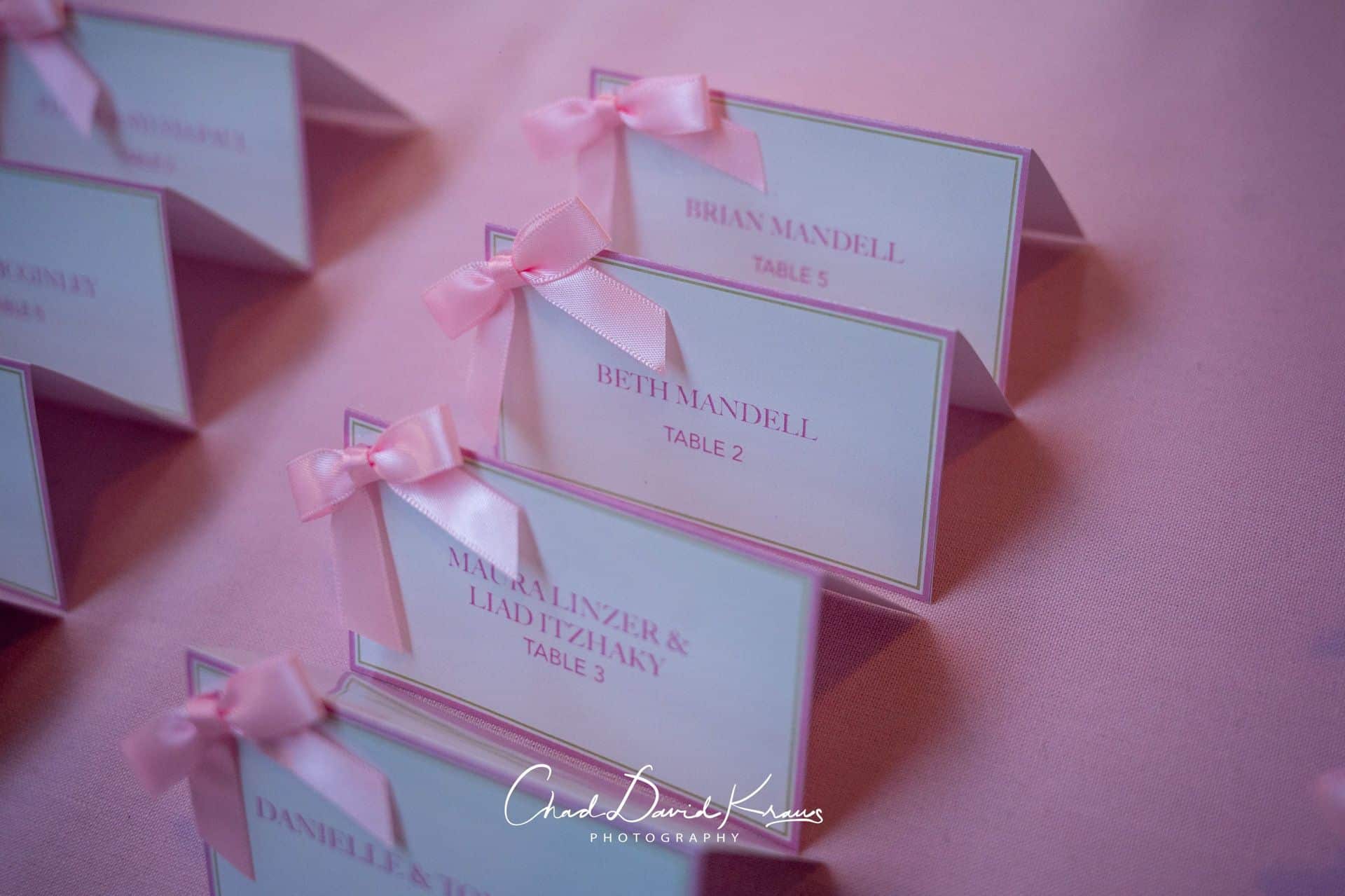 Custom Pink Bow Place Cards for Bat Mitzvah