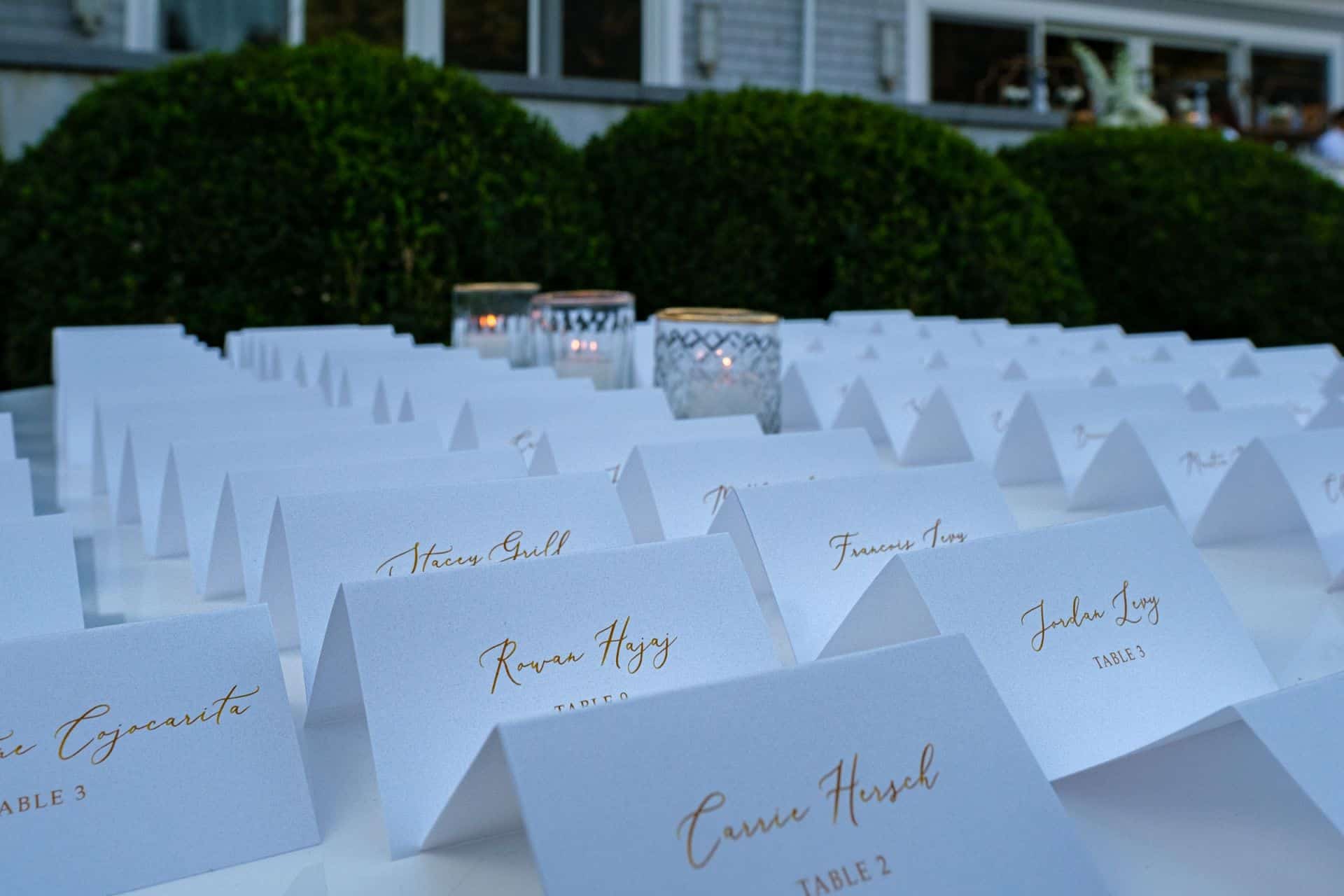 Custom White Place Cards with Gold Names for Wedding
