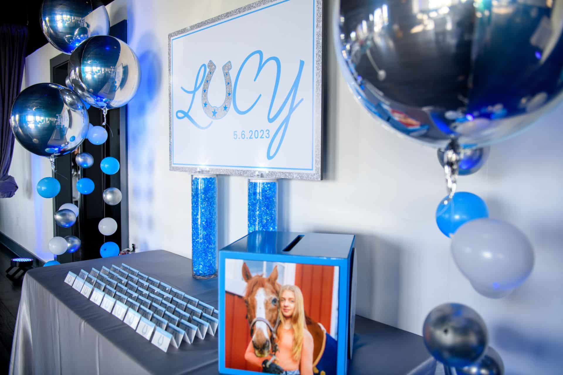 Bat Mitzvah Entrance Decor with Seating LED Display, Gift Box, Place Cards and Bubbles
