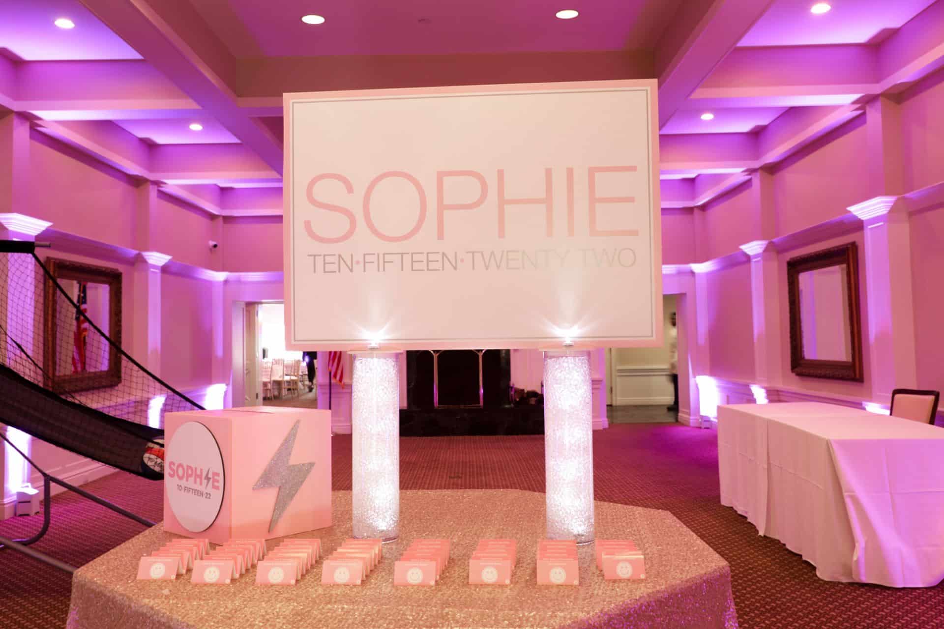 Bat Mitzvah Entrance Decor with LED Seating Card Display and Gift Box at Hampshire Country Club