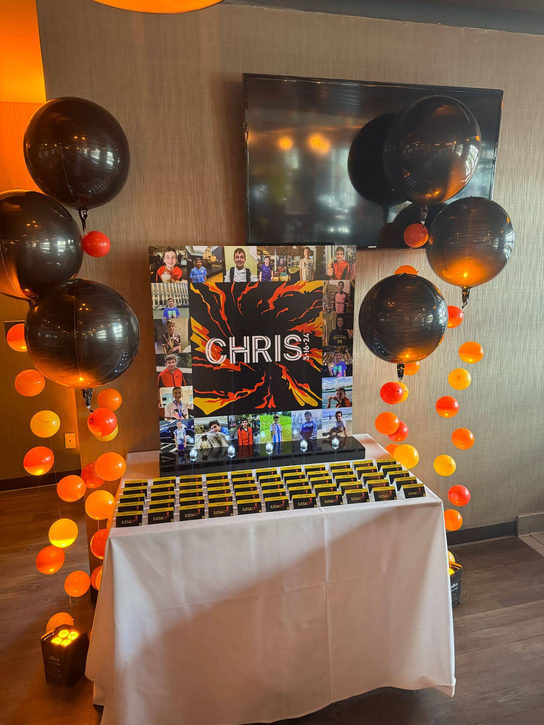 Custom Fire Theme Seating Display with Custom Fold Over Place Cards