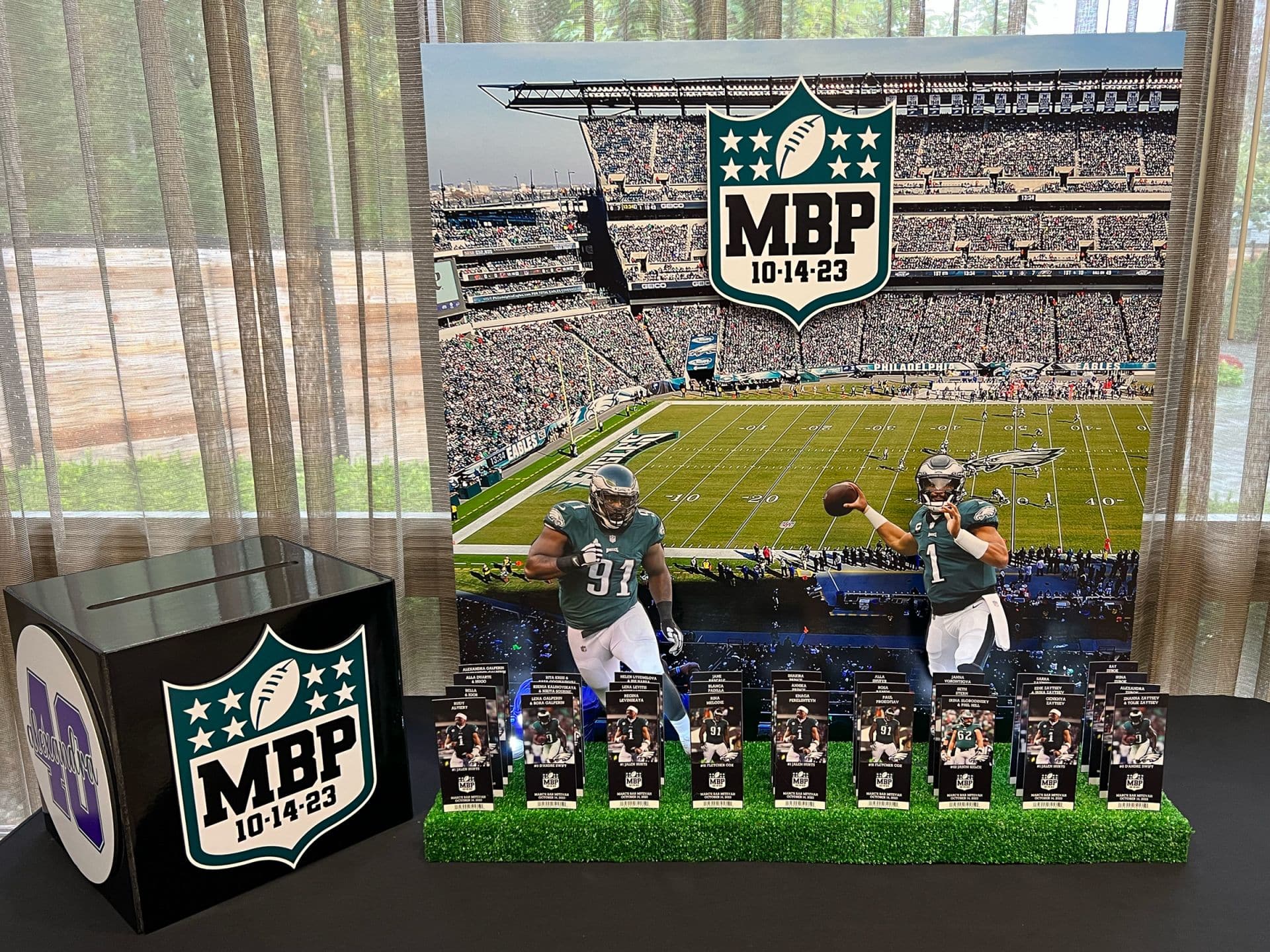 Eagles Stadium Display with Custom Sports Ticket Place Cards for Football Themed Bar Mitzvah